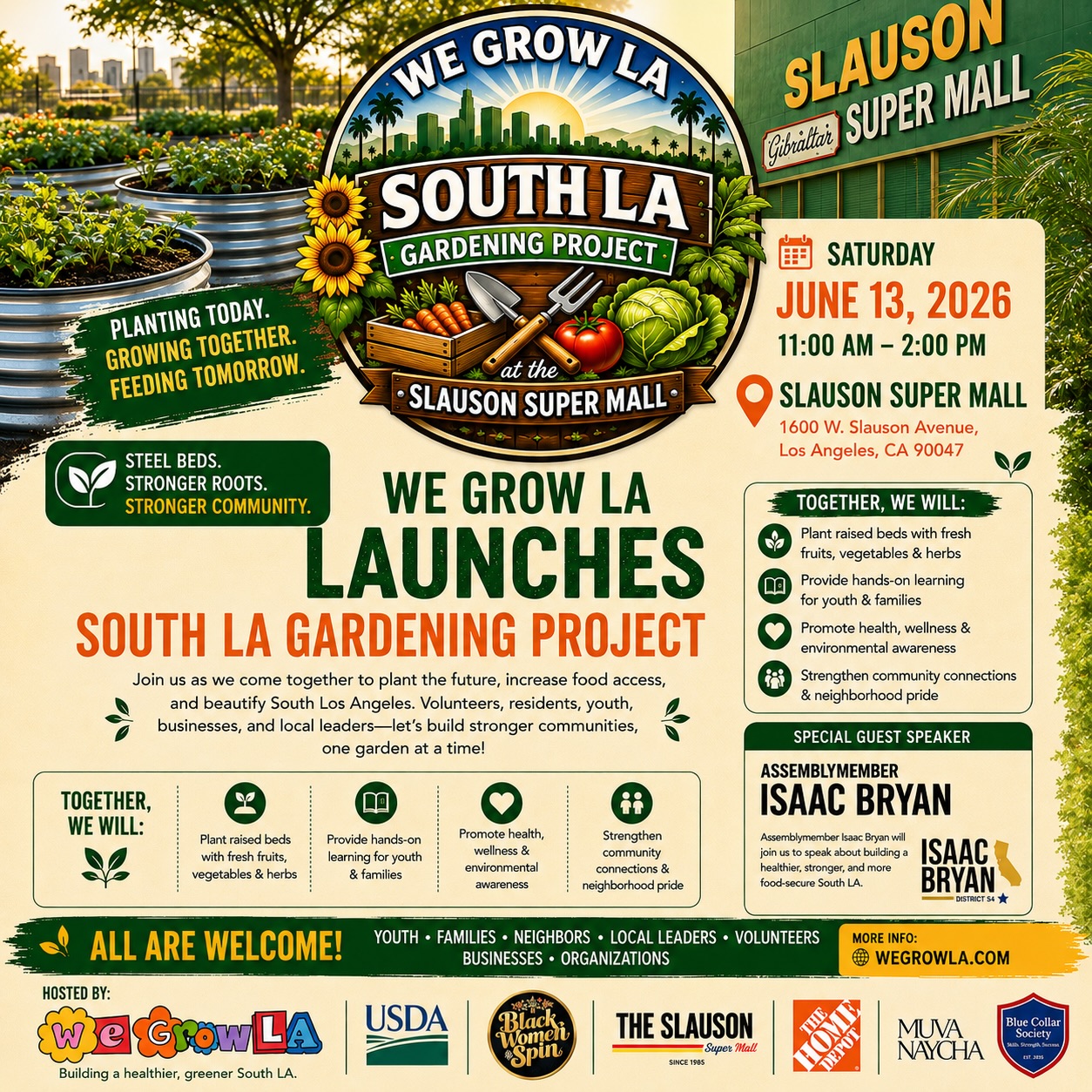 ‼️🚨Attn Slauson family! We Grow LA has done it again… first the free groceries and now a new garden! Join us this Saturday with @blackwomenspin DJ, free healthy treats, and an opportunity to plant your own seeds to bring home with you!
To all of the sponsors, partners, and community members that made this possible- THANK YOU!